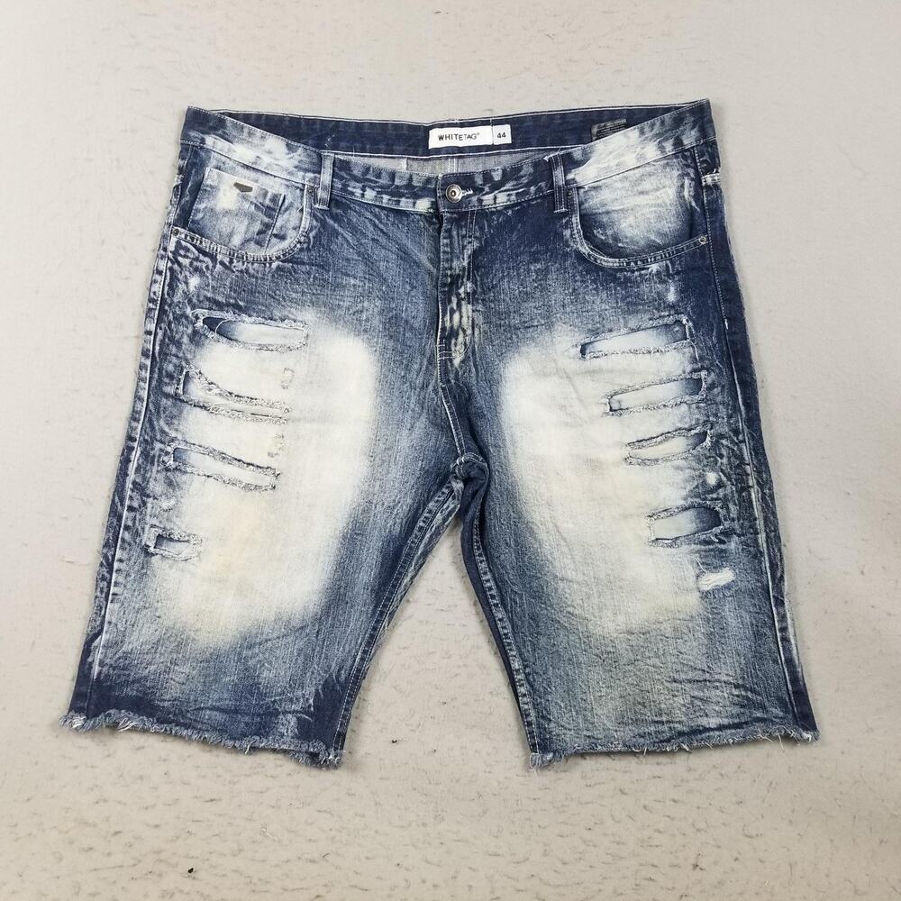 WHITETAG Shorts Mens 44 Blue Denim Distressed 11 Inseam Frayed Hem Casual